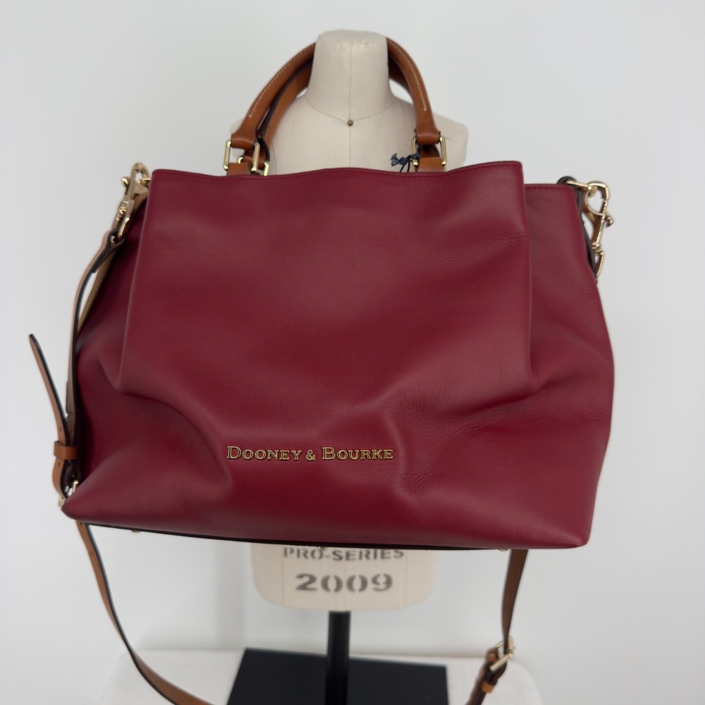 Dooney & Bourke Large Barlow Wine Leather Satchel Bag LJ039 WN Red Tan Trim